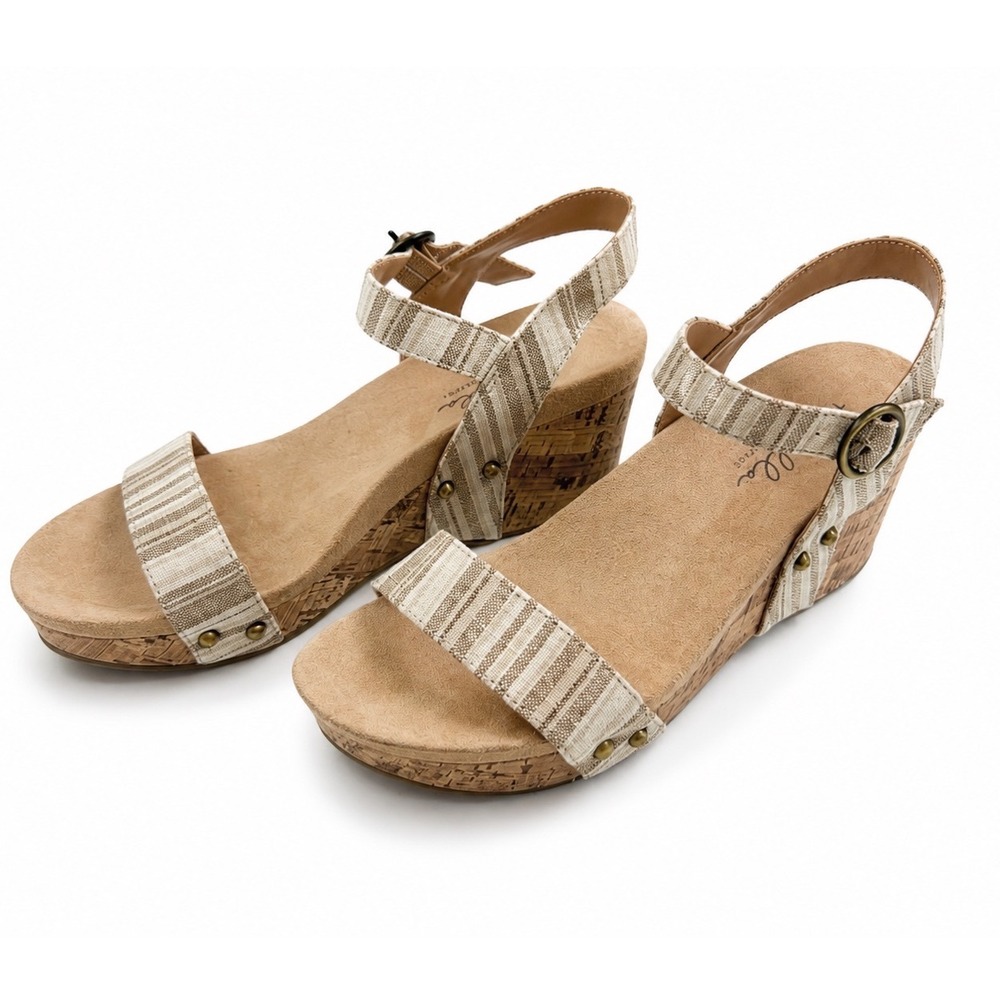 Abella Brown Striped Linen Cork-Style Wedge Sandals Women's Size 7.5M